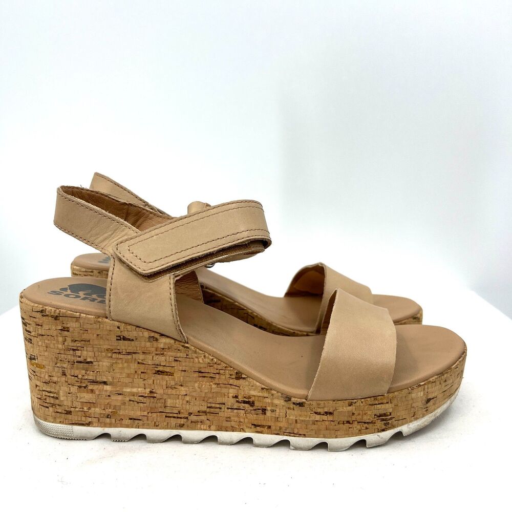 SOREL Cameron Cork Wedge Sandals Tan Leather Ankle Strap Platform Womens 8.5